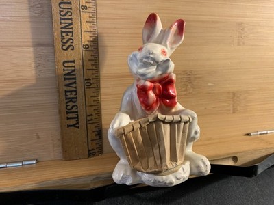 Plaster Vintage Rabbit WIth basket small white bowtie unique cute Easter bunny