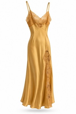 Vintage VICTORIA'S SECRET 100% SILK Satin GOWN Gold Long SLIP Dress Lingerie ~M