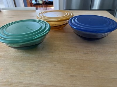 TUPPERWARE SHEERLY ELEGANT COLLECTION SERVING BOWLS SET OF 3-Blue, Yellow, Green