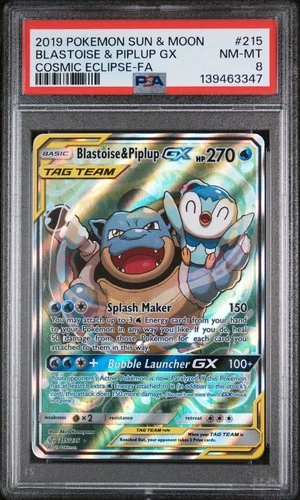 2019 POKEMON SUN & MOON COSMIC ECLIPSE #215 FULL ART/BLASTOISE & PIPLUP GX PSA 8