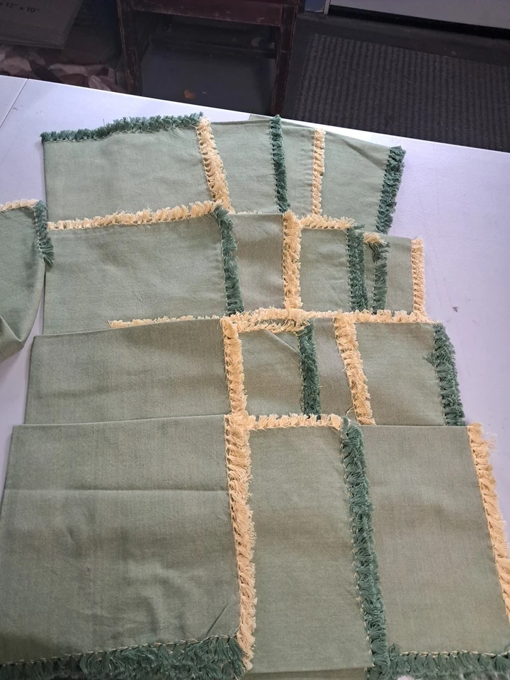 Lote de 16 nakins de pano vintage bordas com franjas algodão verde e amarelo 18x18 - Imagem 2 de 4