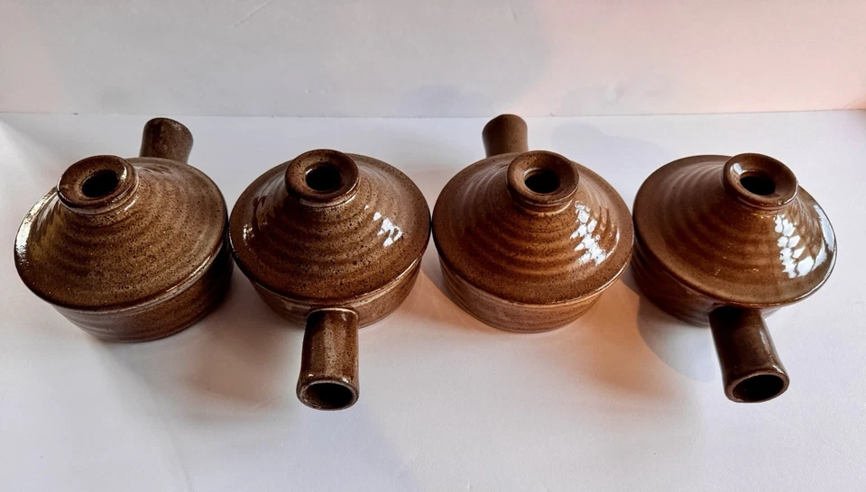 Set of 4 Vintage Brown Covered French Onion Soup Crocks - Brown Stoneware - Image 3 of 4