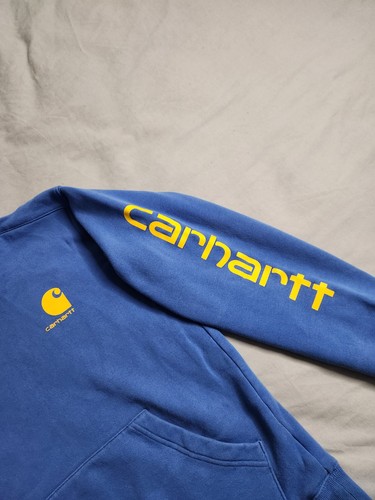 Carhartt Spellout Hoodie Sweatshirt Youth Size Large Blue Yellow Western Cowboy - Picture 3 of 7