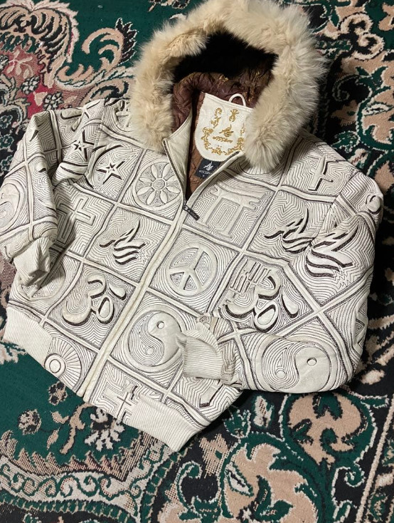 Vintage Rare AL WISSAM Leather Jacket XL White Embroidered Fur image 2