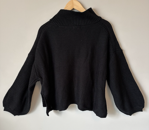 H&M Black Sweater Mock Neck Pullover Size Large Crop Side Slits Balloon Sleeves - Picture 2 of 9
