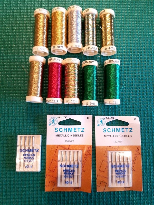 LOT of PARTIALLY USED SULKY Metallic thread 165-250 yd spools & Schmetz needles