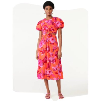 white christmas dresses Custom Side Cutout Puff Sleeve Midi Dress – FancyAdd