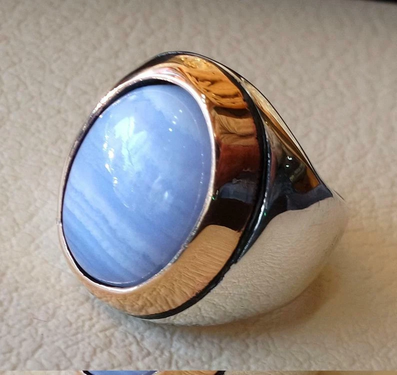 Blue Lace Agate Stone 925 Silver Men s Ring Heavy Signet Men