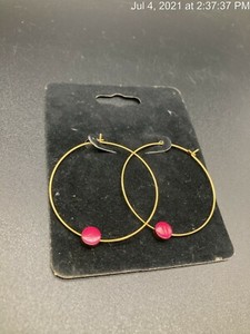 Authentic Modern Minimal Hoop Earrings with Hot Pink Disc Accent Gold Plated Artist
