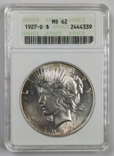 1927 D Peace Silver Dollar ANACS MS62