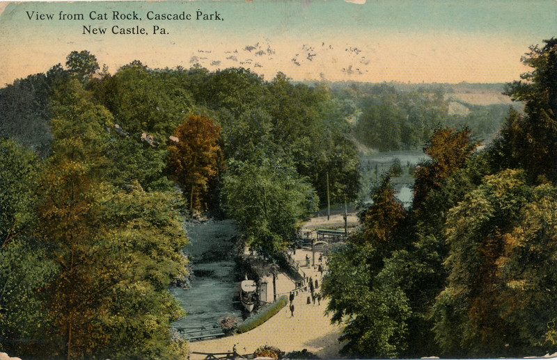 VIEW FROM CAT ROCK, CASCADE PARK, NEW CASTLE, PA. AMUSEMENT PARK. BOAT.