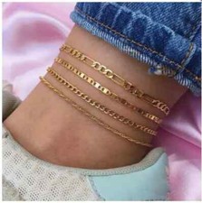4 Pcs Boho Chic Multilayer Chain Anklet Set - Hollow Alloy Chain Ankle Bracelet