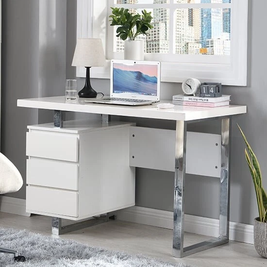 White gloss computer desk with drawers deals