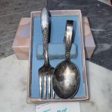 Vintage Silverplate Baby Toddler Feeding Fork And Spoon Bent Handle See Pictures