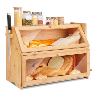 Bambus Brotkasten 2 Etagen Brotbehälter mit Brotschneidebrett lebensmittelech... - Bild 1 von 4