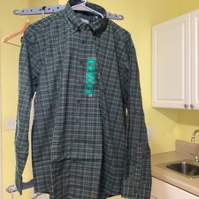 Chaps Men's Long Sleeve Dress Shirt, Green Plaid, Button Down, Size Large