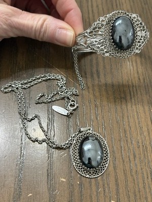 VTG Whiting Davis Hematite Filigree Bracelet & Matching Necklace Pendant READ