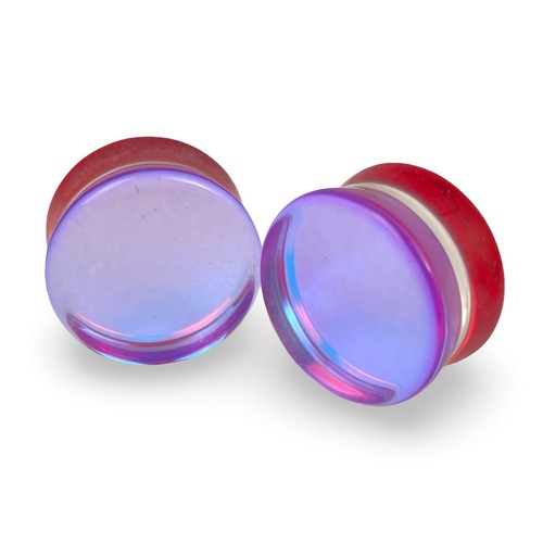 Set of 3 Pairs Double Flare Iridescent Glass Plugs - Red/Aqua, Purple/Aqua, Pink/Aqua
