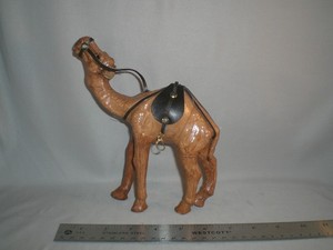 7" Vintage Handcrafted Leather-Wrapped Glassy Eyes CAMEL Figurine With Saddle