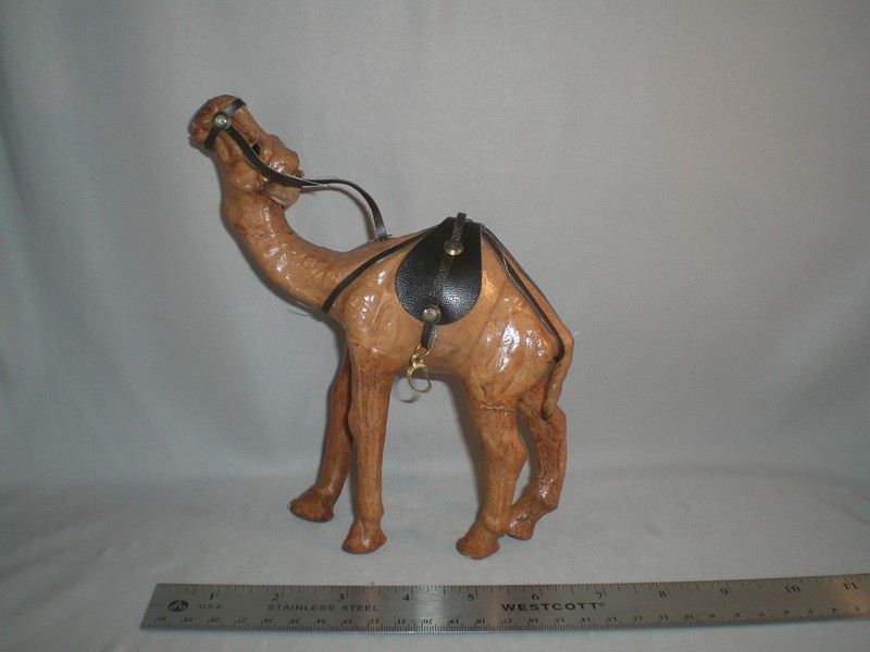 7" Vintage Handcrafted Leather-Wrapped Glassy Eyes CAMEL Figurine With Saddle