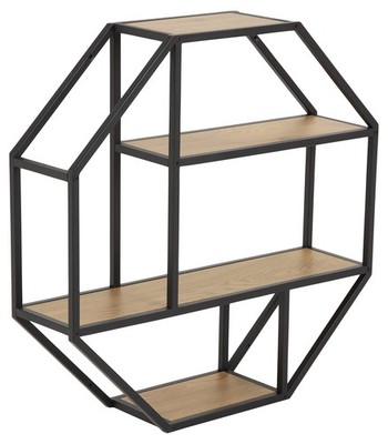 Mensola Ottagonale Da Parete Jörn Con 3 Ripiani, Effetto Rovere Selvatico E Telaio In Metallo Nero, 77x20x77 Cm