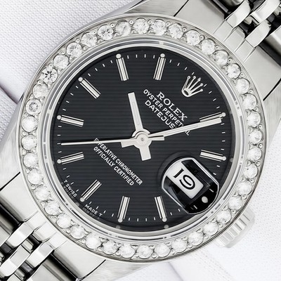 LADIES ROLEX DATEJUST STAINLESS STEEL, BLACK INDEX DIAL DIAMOND BEZEL WATCH