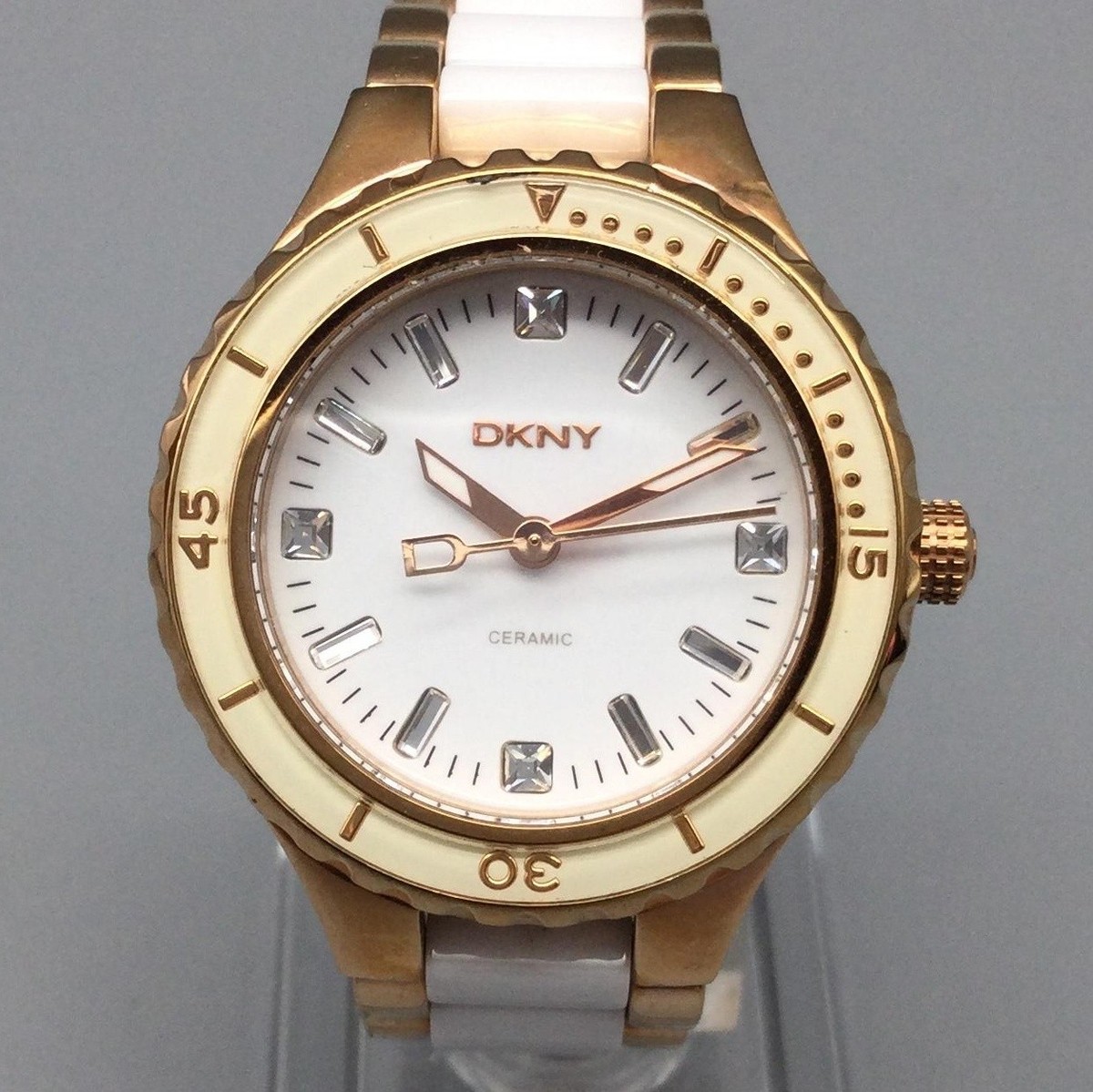 DKNY Womens Watch 32mm Rose Gold Tone Ceramic Steel NY-8500 New