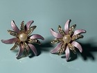 Vintage Pink Enamel Flower Rhinestone Faux Pearl Stud Earrings Gold Tone — photo 1