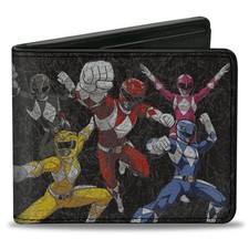 Bi-Fold Wallet MMPR Power Rangers Group Action Pose Weathered and Title Logo Bla