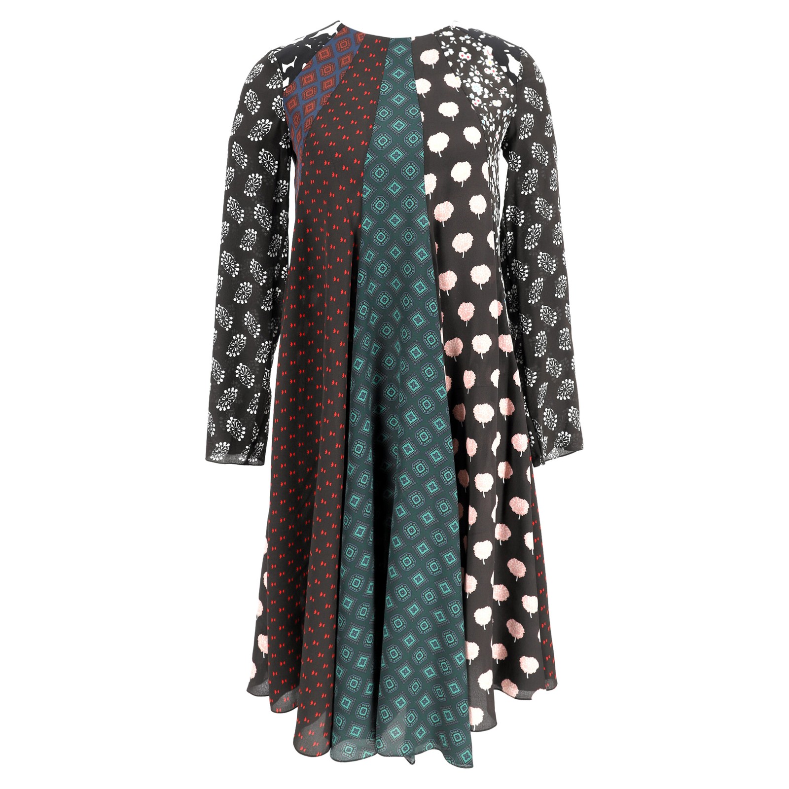 Lanvin Patchwork Long Sleeve Multicolor Silk Midi… - image 1