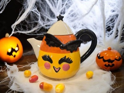 New Orange & Yellow Girl Candy Corn Bat Halloween Party Ceramic Tea Pot Teapot