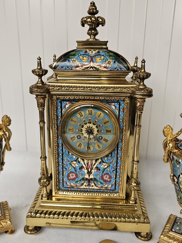 French Antique Champleve Enamel Garniture Mantel clock Set - Picture 6 of 24