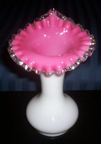 Fenton vintage pink tulip crimped white milk glass vase