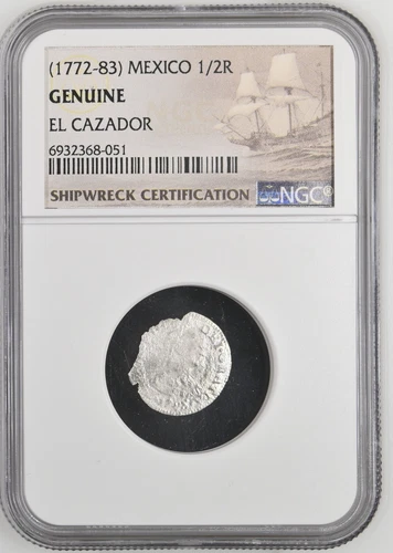 1772-1783 Mexico 1/2 Real El Cazador Silver Shipwreck Coin NGC Graded #051