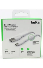 Belkin BoostCharge USB-A to USB-C Braided Cable 3.3ft 1M White In Retail Box