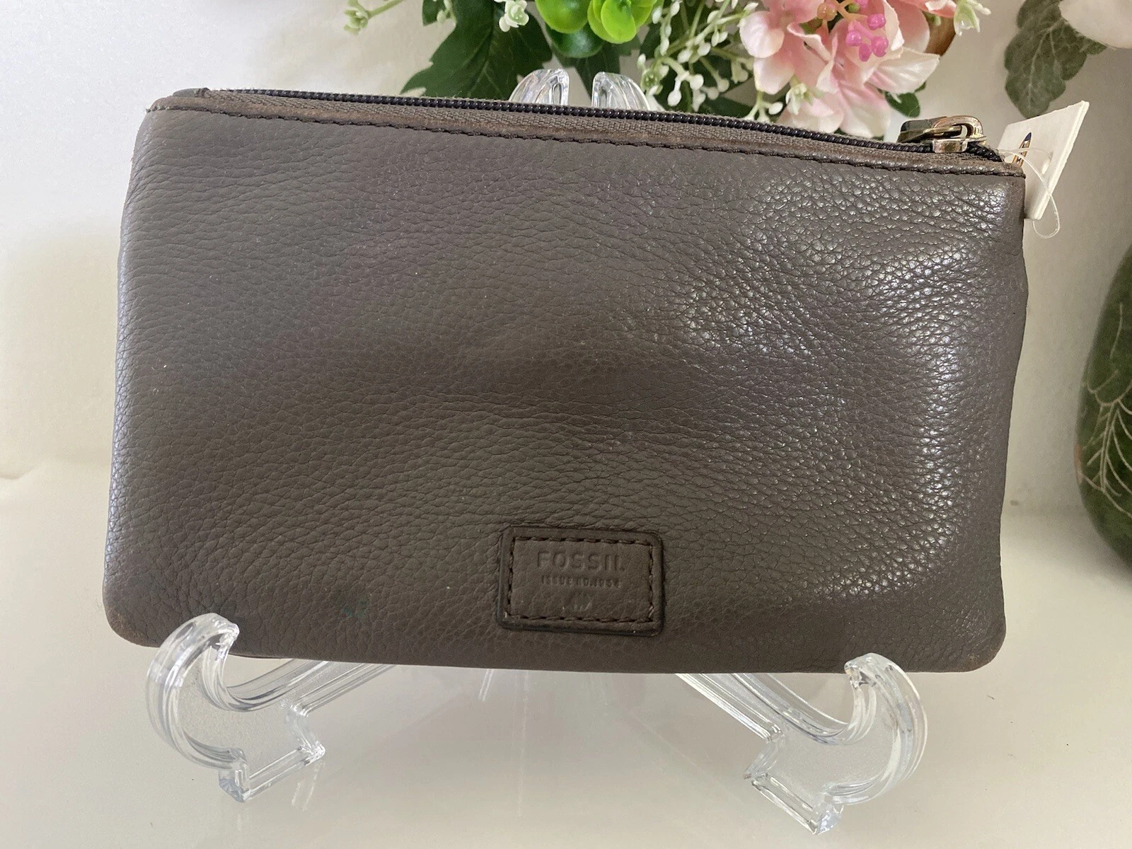 Borsa portafoglio da polso pochette Fossil Karli stampa geometrica pelle mod vintage nuova con etichetta