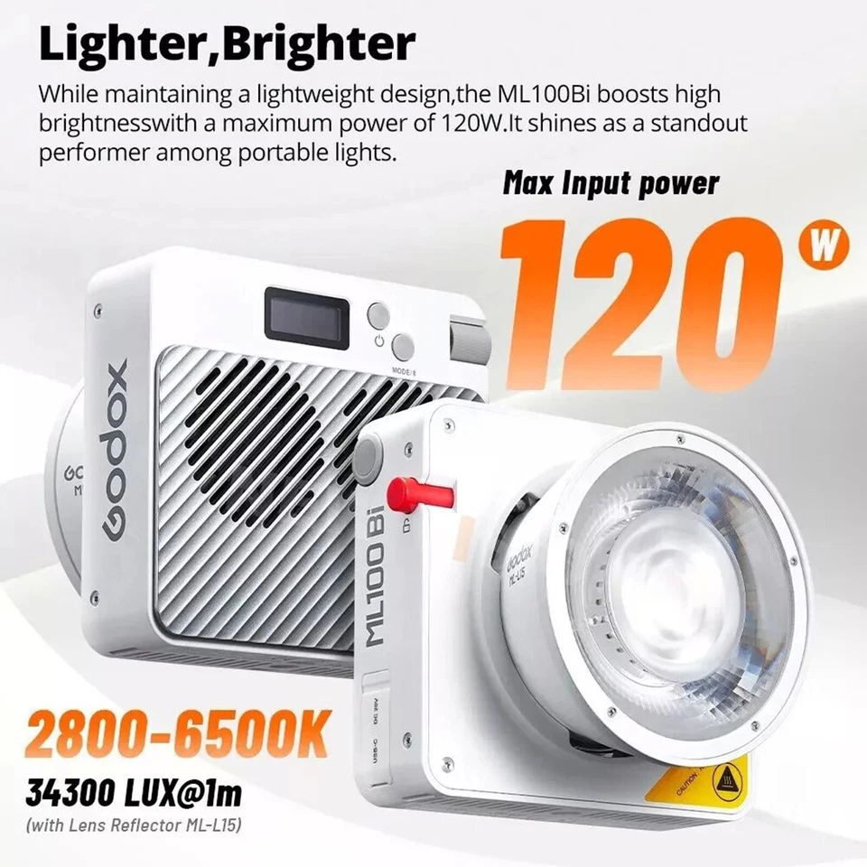 Godox ML100Bi Bi-Color Portable LED Video COB Light 2800K-6500K High Brightness - Image 4 of 4