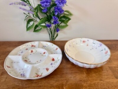 Lefard England Porcelain Floral Serving Set Vintage Divided Dish and Bowl with G