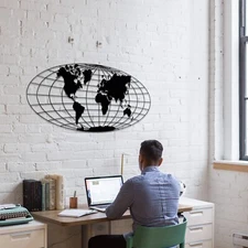 Modern Wall Decor Round Wooden World Map Wall Art Hanging Office Room Decoration