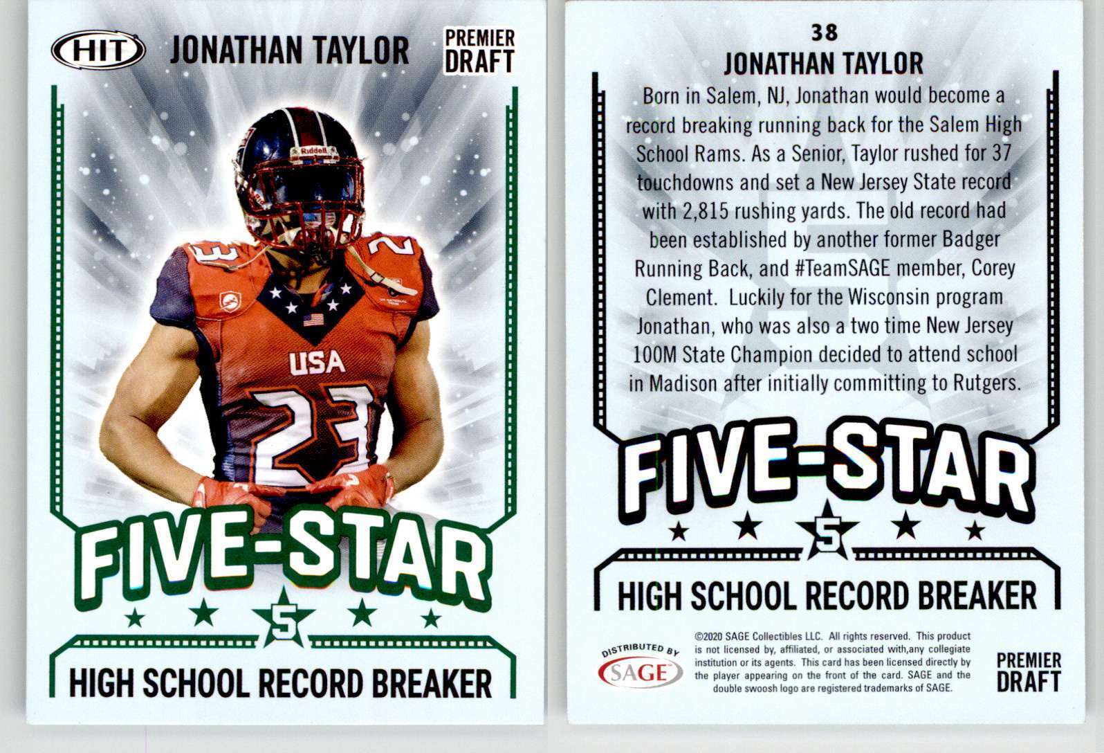 Jonathan Taylor 2020 SAGE HIT Five Star Green #38 Wisconsin Colts RC Rookie