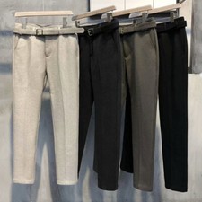 Men Suit Dress Pants Faux Wool Slim Fit Business Formal Straight Leg Belts