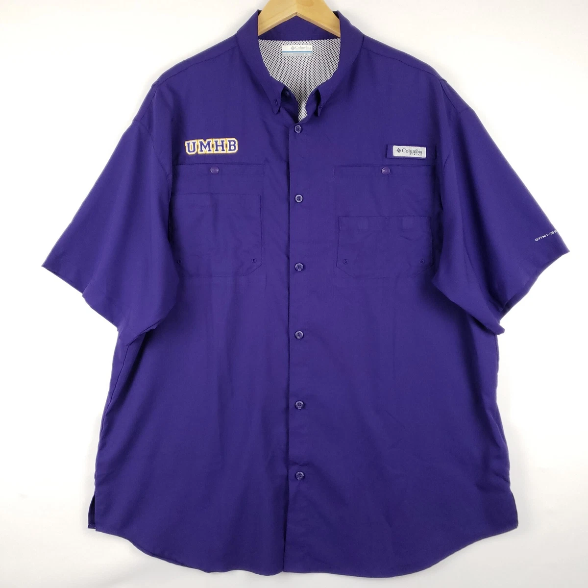 Columbia Fishing Shirt Mens UMHB Button Down Short Sleeve Pockets Vent Purple  XL