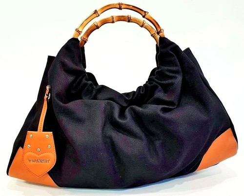 Twin Set Shopping Borsa Sacca Nero Morbida Manici Bamboo Riporti Vera Pelle  | eBay