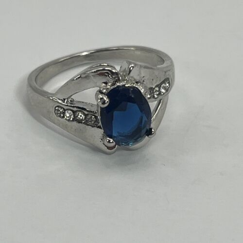 Cocktail Silver Tone Ring Cobalt Blue Oval Accent Clear Crystals Size 8,75