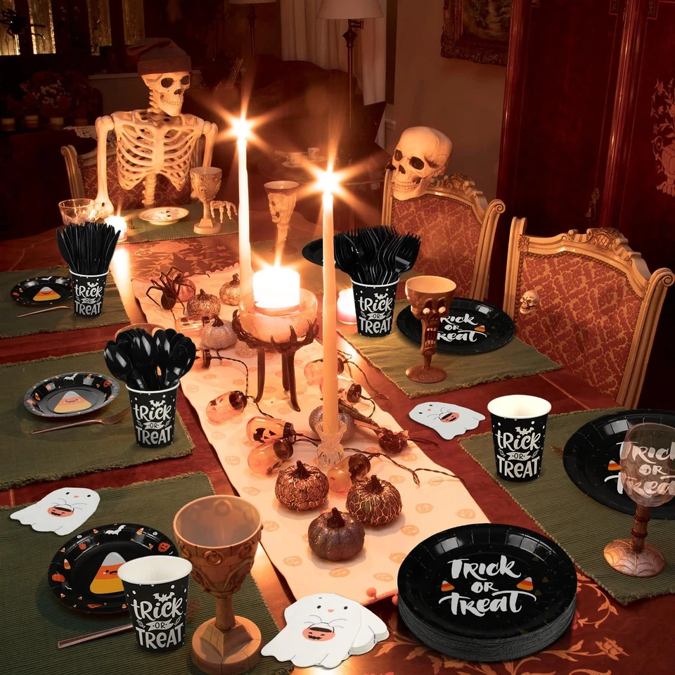 Juego de vajilla de truco o trato suministros para fiestas de Halloween de 400 piezas papel cena pl... Foto 3 de 4
