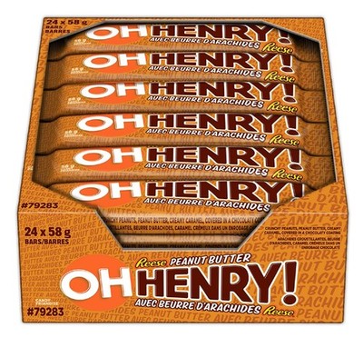 OH HENRY Chocolatey Bars with Peanut Butter, Full size 58g x 24ct