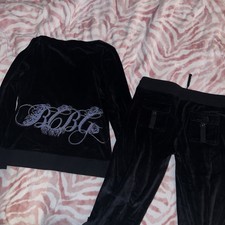 New Large Black BCBG 2-Piece Tracksuit Jacket  Track Pants Floral Set MSRP 160