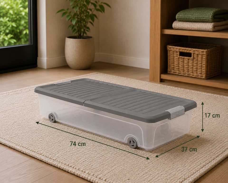 Unterbettbox Rollbox mit Deckel 35L Aufbewahrungsbox Kunststoffbox grau Ondis24 - Bild 2 von 4
