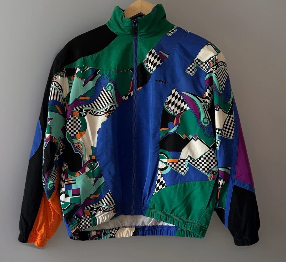 Chaqueta cortavientos vintage años 80 cabeza pista abstracta artística tenis retro deportiva M Foto 3 de 4
