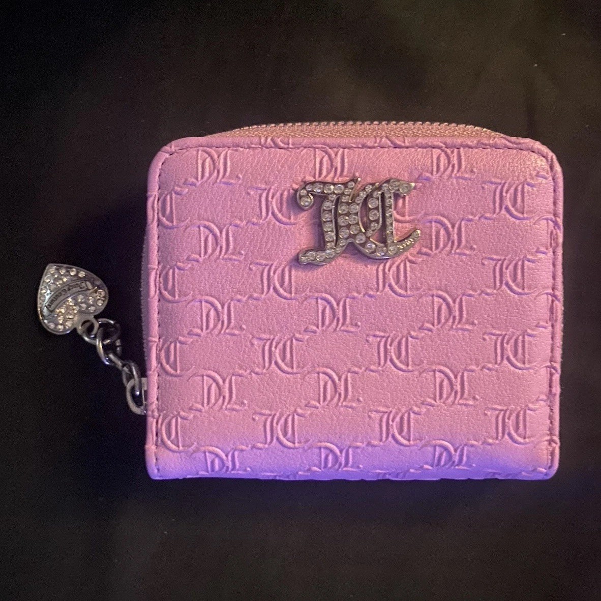 Juicy Couture Pink Zip-Around Wallet Logo Pattern ID Window Rhinestone Charm